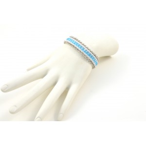 Bracelet cuir chaînes et facettes bleu aqua
